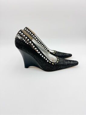 Anne Michelle Black Jeweled Wedge Pumps